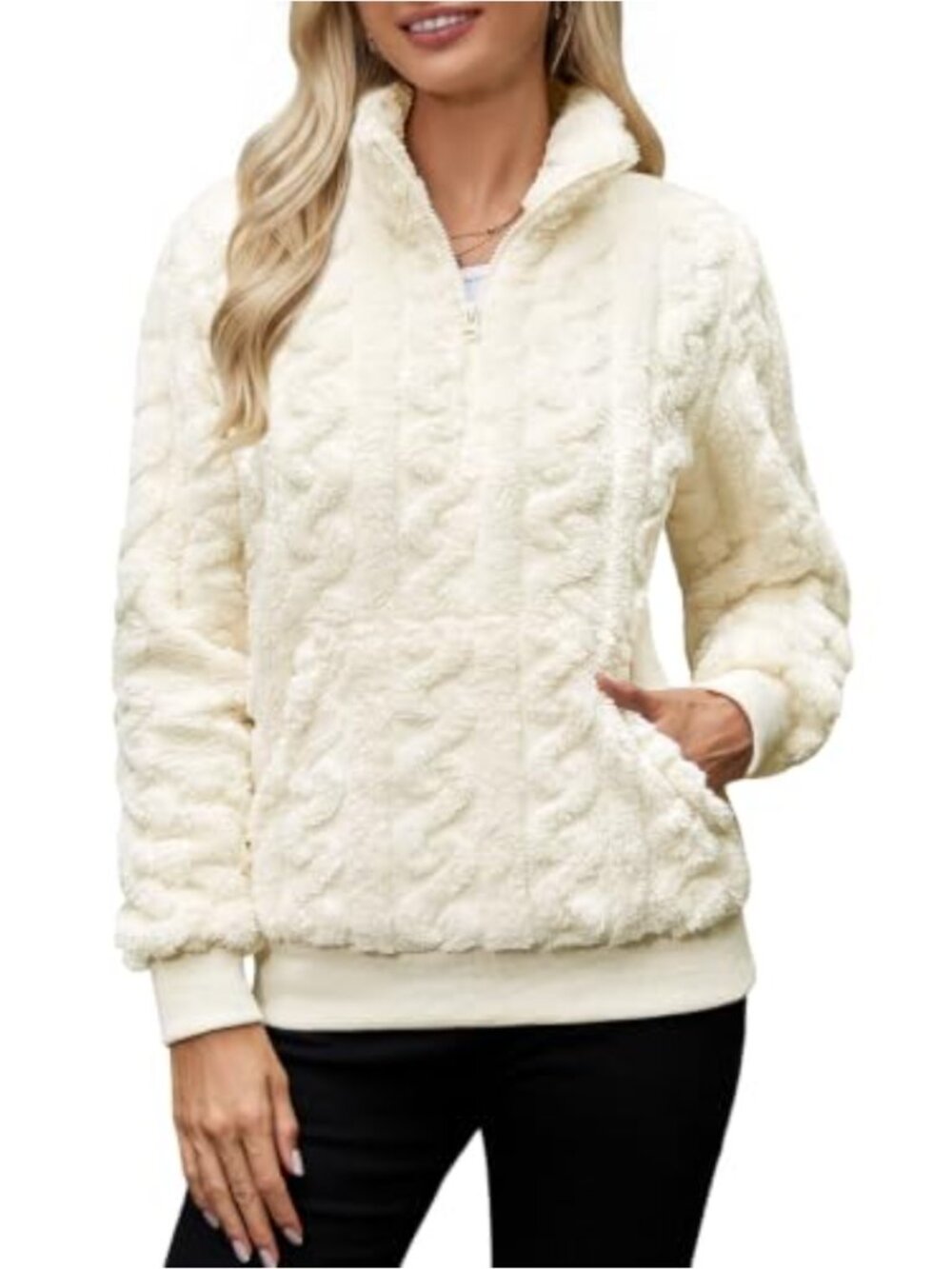 Women's Fuzzy Cable Knit Half Zip Pullover Sweatshirt Cozy Fleece